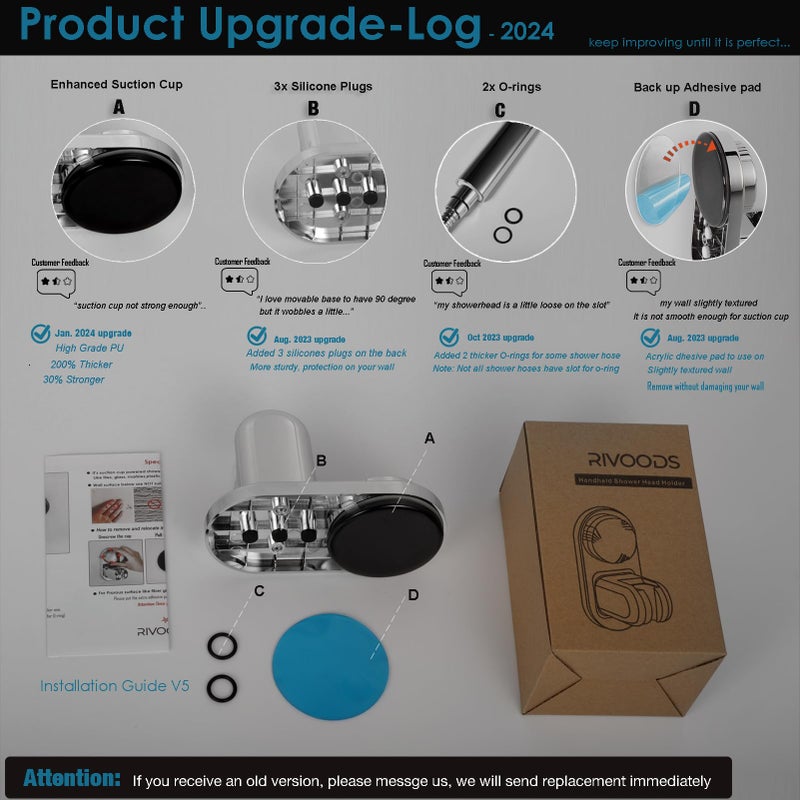 RIVOODS Suction Cup Handheld Shower Head Holder - Relocatable - 5 Angles Adjustable - Unique Horizontal Setting - Large Shower Head Supports - Wider Input - Wall Mounted with Vacuum Power (Chrome) - Image 5